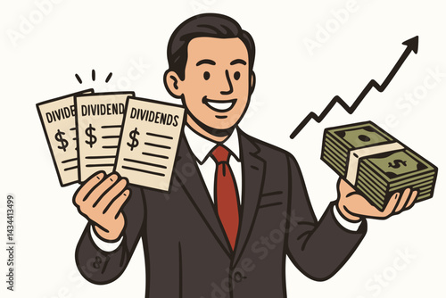 Successful Dividend Investor Businessman Holding Cash and Payouts, Illustrating Stock Market Growth, Passive Income Strategy, and Financial Freedom Vector Illustration.