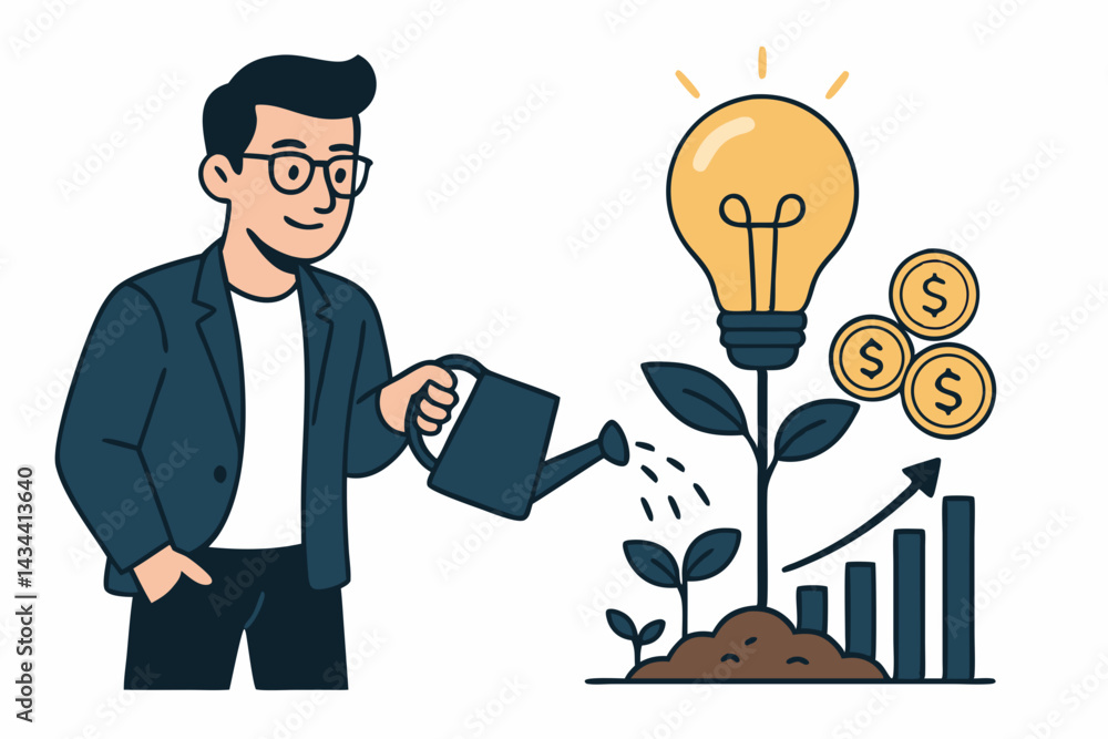 Cultivating business growth: Male entrepreneur waters a sprouting lightbulb idea, generating coins and boosting financial chart results, illustrating investment return and startup success concept. Cultivating business growth: Male entrepreneur waters a sprouting lightbulb idea, generating coins and boosting financial chart results, illustrating investment return and startup success concept.