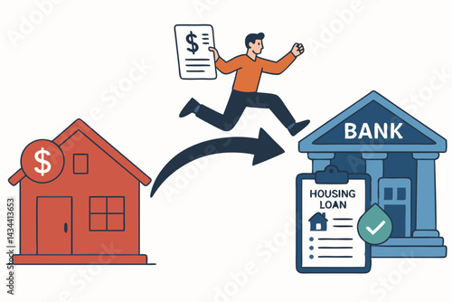 Refinancing mortgage concept illustration. Character leaps from home equity towards bank, holding financial document, seeking better housing loan options and approval.