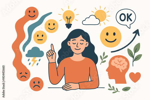 Vector illustration depicting mental health journey, emotional intelligence, and well-being. Woman surrounded by icons like brain, heart, mood faces, idea, and positive growth arrow.