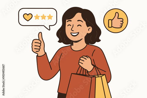 Vector illustration of a happy customer giving positive feedback. Smiling woman with shopping bags shows thumbs up, heart, and star rating for excellent service review and satisfaction experience.