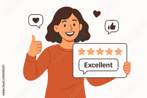 Happy satisfied woman giving excellent five star rating review. Customer feedback concept vector illustration showing positive experience, thumbs up, and quality service evaluation.