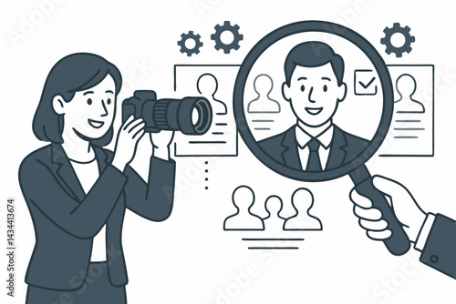 Selecting the Right Candidate: Business vector graphic depicting HR talent hunt, job applicant review with magnifying glass, camera for profiles, recruitment concept illustration.