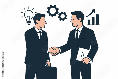 Business partnership handshake concept. Two businessmen in suits finalize an agreement, representing collaboration, ideas, process, and growth with icons. Flat vector illustration.