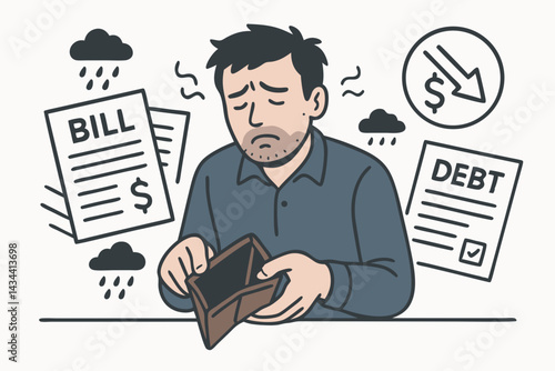 Broke man feeling hopeless with empty wallet, facing huge bills and crushing debt, illustration of financial crisis, unemployment, poverty, and bankruptcy worries.
