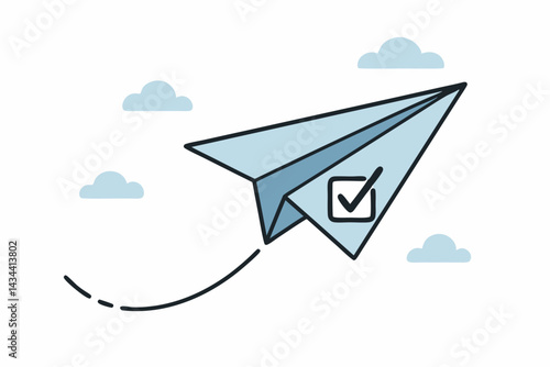 Vector illustration of a blue paper plane soaring through the sky with a checkmark symbol, representing completed tasks, successful submission, progress, and achieving goals.