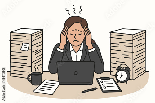 Overwhelmed businesswoman vector. Stressed female office worker with laptop, paper stacks, clock faces deadline pressure, headache, burnout. Simple flat line art style illustration.