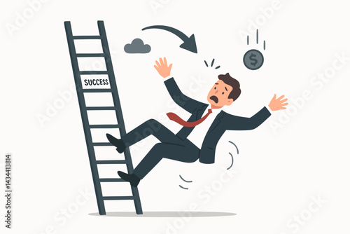 Professional Setback Vector: Scared Businessman in Suit Falling Down from the Corporate Success Ladder Amidst Financial Loss and Economic Downturn Crisis Illustration.