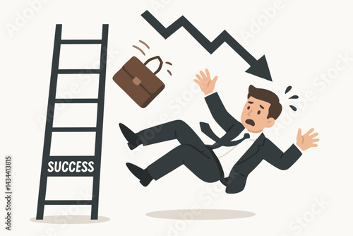 Businessman falling off the ladder of success vector illustration. Career setback, business failure, professional crisis, and job loss concept with downward trend arrow symbol. Flat design graphic.