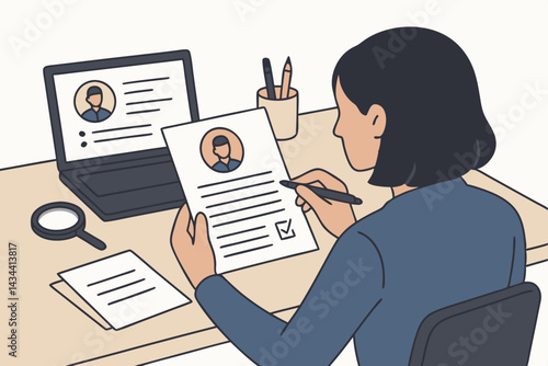 Recruitment professional analyzing candidate CV at workspace. HR specialist evaluating job application form with checklist during the hiring selection process. Vector graphic illustration.