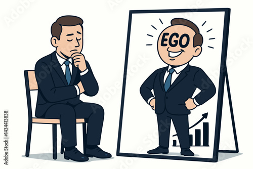 Introspective businessman confronts his reflection, revealing a confident, egotistical alter ego with a growth chart, exploring leadership psychology, self-perception, ambition versus self-doubt.