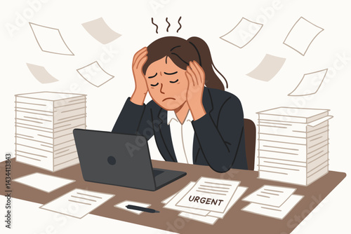 Overwhelmed businesswoman feeling stressed and exhausted by heavy workload and urgent deadlines, sitting at messy office desk with laptop and stacks of paperwork. Burnout concept vector.