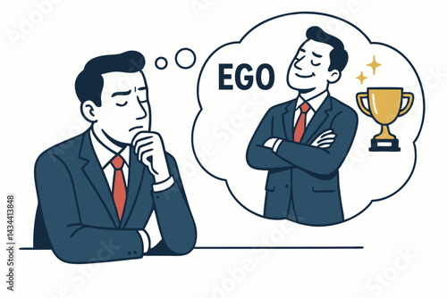 Psychology of success concept: Businessman facing his ego in a thought bubble, showing introspection, ambition, self-doubt, and the leadership mindset. Vector art.