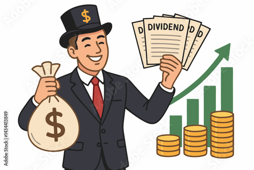 Cartoon businessman celebrating profitable stock dividends and investment growth, holding money bag and papers near rising bar chart and gold coins, illustrating financial success vector.