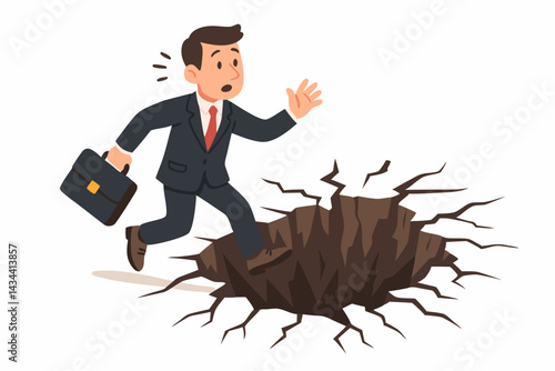 Businessman running unaware into a dangerous pitfall trap, symbolizing business risk, crisis, failure, unexpected problems, challenges, and obstacles in corporate career vector illustration.
