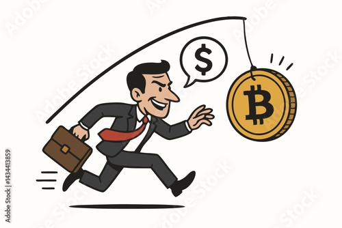 Vector Cartoon of Eager Businessman Running After Bitcoin Bait, Illustrating Financial Greed, Crypto Investment Traps, Market Risk, and the Endless Chase for Money.