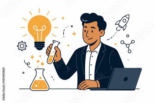 Innovative entrepreneur developing a startup idea through research and experimentation. Vector illustration shows businessman mixing chemicals, with laptop, lightbulb, rocket, and molecule icons.