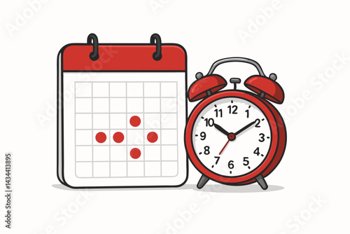 Time Management Concept Vector with Red Retro Alarm Clock and Desk Calendar Showing Marked Dates for Deadlines, Schedules, Appointments, and Organization.