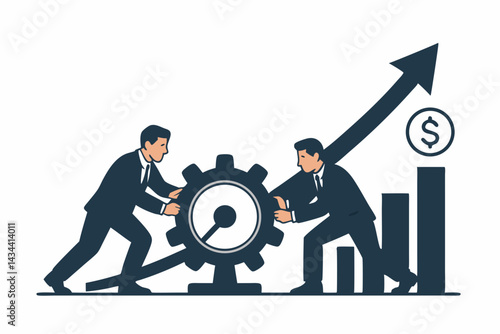 Strategic Business Growth Through Teamwork Vector: Corporate Partners Push Gear Mechanism Up Progress Arrow Chart, Driving Financial Success and Development Effort.