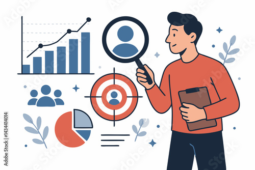 Marketer analyzing customer data via magnifying glass for target audience research. Flat vector includes charts, graphs, business analytics, statistics, user segmentation, strategy, planning, growth.