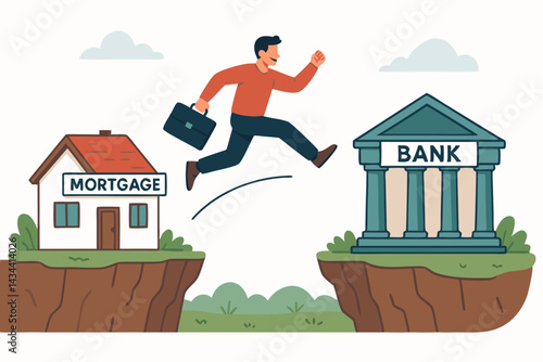 Mortgage refinancing concept vector illustration. Happy businessman with briefcase jumps from house towards bank building, symbolizing securing better home loan interest rates.
