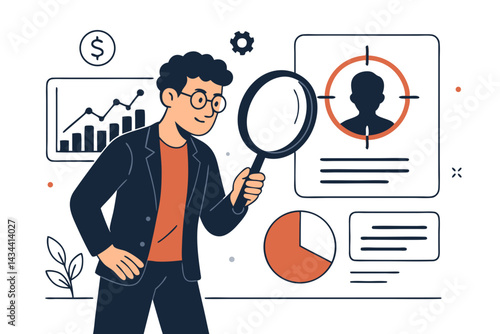 Business analyst examining market data, customer profile with magnifying glass, analyzing charts and graphs for strategic planning and financial growth vector concept.