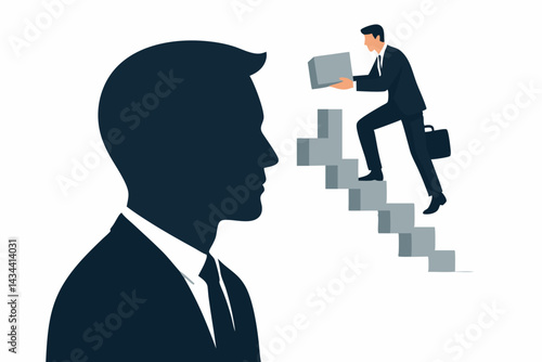 Ambitious businessman constructing a stairway to success block by block, symbolizing career advancement, personal development, strategic planning, and goal achievement. Vector concept art.
