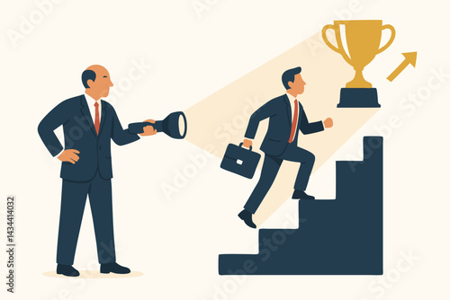 Guiding Light to Success: Mentor with flashlight supports employee climbing career ladder steps towards achievement trophy. Business leadership, vision, support, and ambition vector illustration.