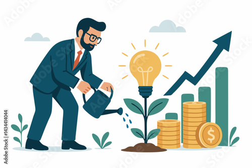 Strategic investment in innovation concept: Businessman cultivating a bright idea plant leading to financial returns, market growth, and business success visualized vector illustration.