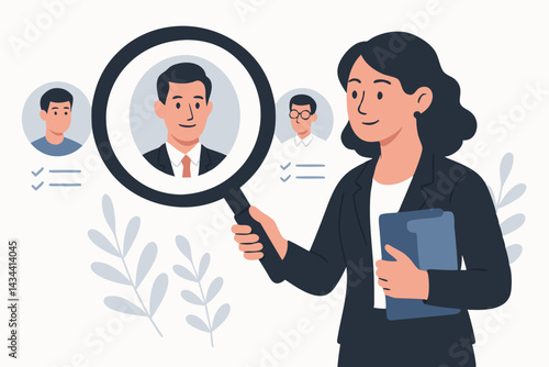 HR professional examining job applicant profiles with magnifying glass. Talent search, recruitment agency, headhunting, employee selection vector illustration for business hiring needs.