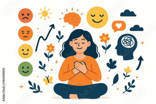 Journey to positivity and mental well-being concept illustration, woman practicing mindfulness meditation for stress relief, emotional balance, self-care, and brain health.