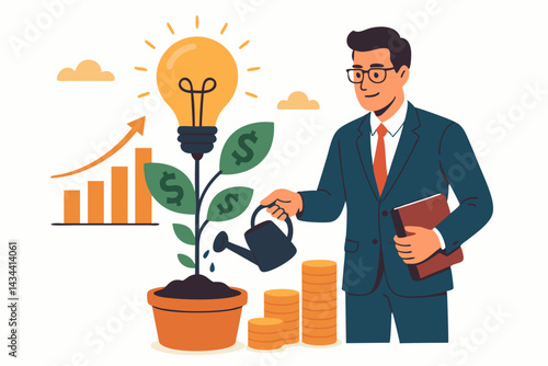 Vector illustration of a businessman cultivating a money plant idea, representing innovative business strategy, investment growth, financial returns, and startup success.