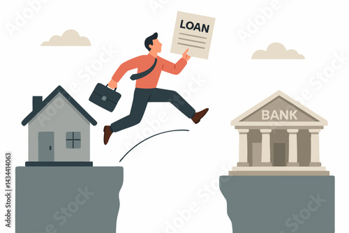 Financial leap concept vector illustration. Man with briefcase jumps from house to bank holding approved loan agreement for mortgage, refinancing, or property investment.