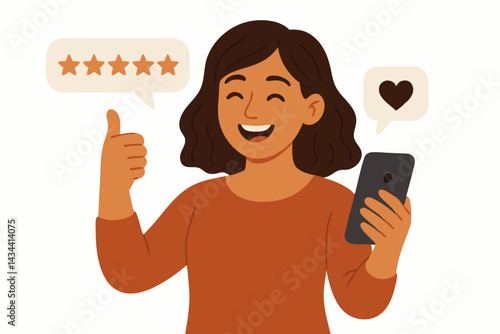Happy female customer gives five-star rating and positive review on smartphone app. Smiling woman with thumbs up shows satisfaction, approval, and excellent user experience. Vector feedback concept.