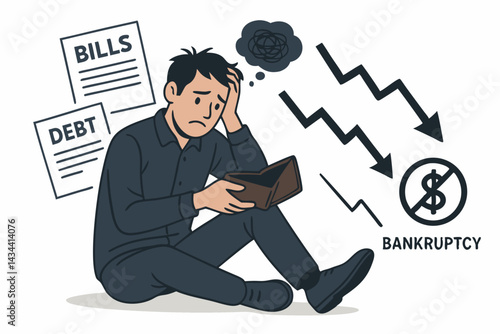 Financial crisis concept illustration. Worried man sits stressed with empty wallet, facing mounting debt, unpaid bills, potential bankruptcy, and economic hardship. Simple vector.