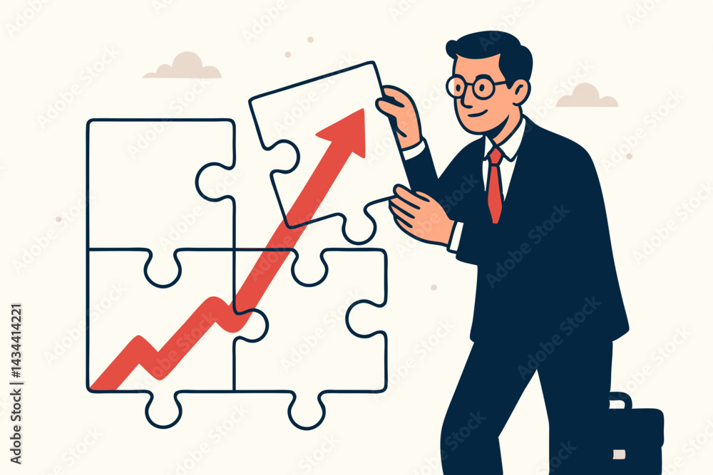 Strategic growth concept vector of businessman completing puzzle with rising red arrow graph, symbolizing business strategy, financial success, problem-solving, teamwork, and achieving goals. Strategic growth concept vector of businessman completing puzzle with rising red arrow graph, symbolizing business strategy, financial success, problem-solving, teamwork, and achieving goals.