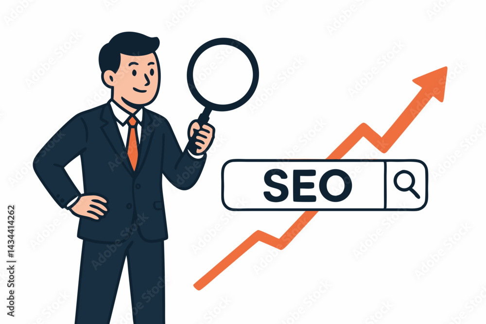 Vector illustration of a professional businessman using a magnifying glass to analyze SEO performance. Search bar and upward growth arrow depict successful digital marketing strategy. Vector illustration of a professional businessman using a magnifying glass to analyze SEO performance. Search bar and upward growth arrow depict successful digital marketing strategy.