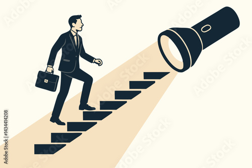 Determined businessman following a path illuminated by a flashlight up stairs, concept for guidance, mentorship, career growth, achieving success, and strategic vision vector illustration.