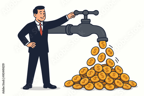 Happy businessman in suit opens a tap generating a steady flow of gold dollar coins. Metaphor for cash flow, passive income, profit, investment return, financial abundance vector.
