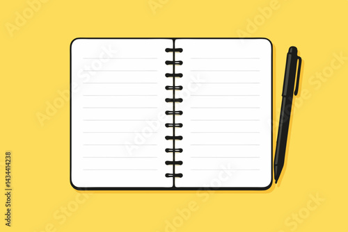 Open spiral notebook with lined pages and black pen vector illustration. Simple flat design for writing, note-taking, journaling, planning, studying, education, or office tasks on yellow background.