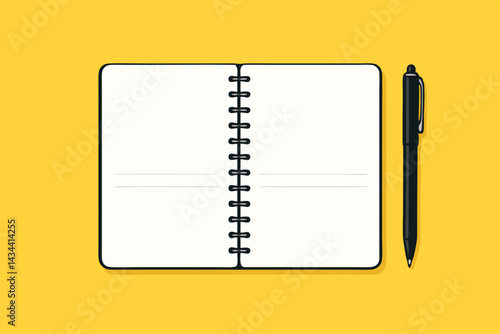 Flat vector illustration of an open spiral notebook with blank lined pages and a black pen beside it, isolated on a yellow background, perfect for education or business themes.