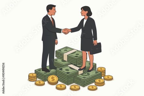 Vector Illustration of Professional Man and Woman Closing a Business Deal with a Handshake Atop Piles of Cash and Coins, Symbolizing Financial Partnership and Wealth Success.