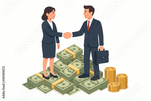 Successful business deal vector concept. Businessman and businesswoman finalize partnership with a handshake standing atop stacks of money symbolizing wealth, profit, and financial agreement.