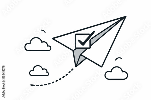 Checkmark on Paper Airplane: Vector Icon for Goal Achievement, Success, Task Completion, Verification, and Approved Projects. Minimal Line Art with Flight Path & Clouds.