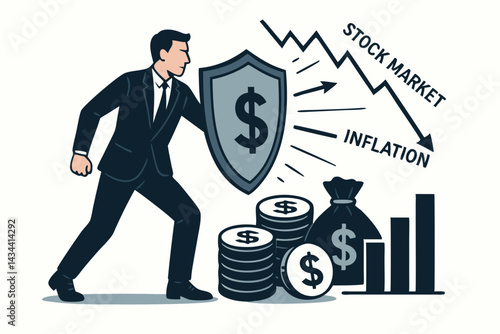 Financial Protection Concept: Businessman with Dollar Shield Guarding Assets, Money, and Investments from Economic Downturn, Stock Market Crash, and Inflation Risks. Vector Art.