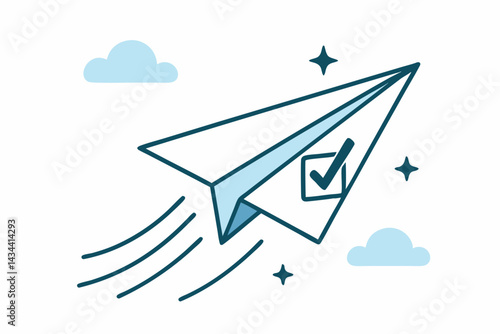Goal-driven paper airplane vector illustration with checkmark soaring through clouds. Symbolizing success, task completion, achieved objectives, validation, and business project progress.