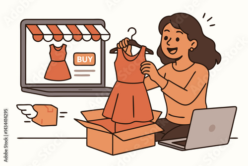 Delighted woman unboxes a stylish dress from an online store purchase, illustrating the joy of e-commerce, fashion retail, fast shipping, and customer satisfaction vector graphic.