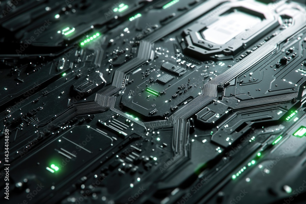 Fototapeta premium Close-up of a futuristic circuit board with glowing green components, showcasing intricate technological design.