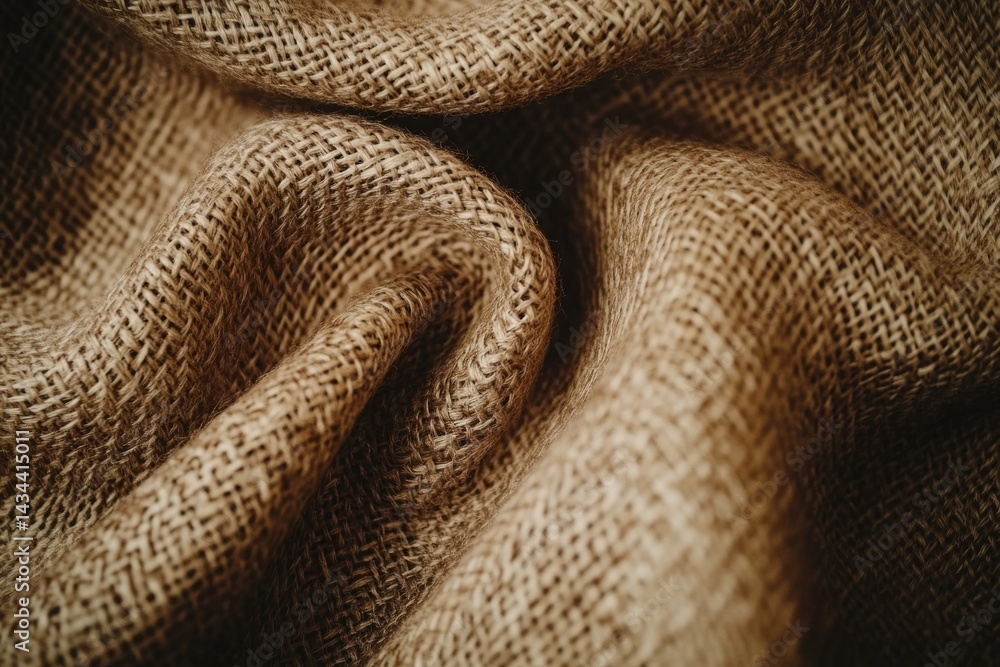 Close-up of textured burlap fabric, showing its intricate weave and natural color.