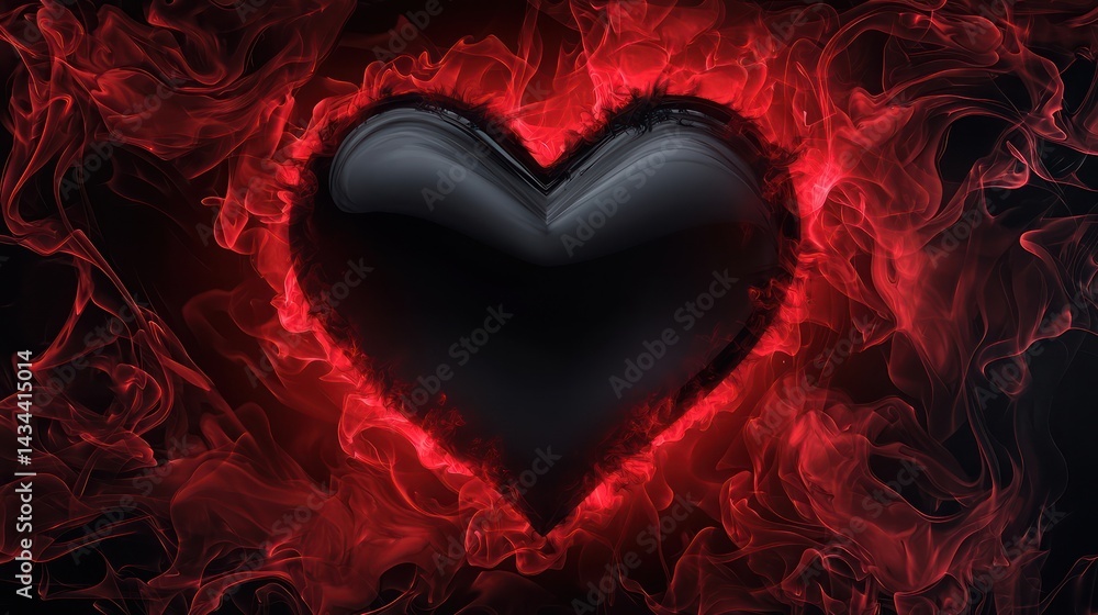 A striking black heart surrounded by swirling red smoke, set against a pitch-black background with glowing edges. A striking black heart surrounded by swirling red smoke, set against a pitch-black background with glowing edges.